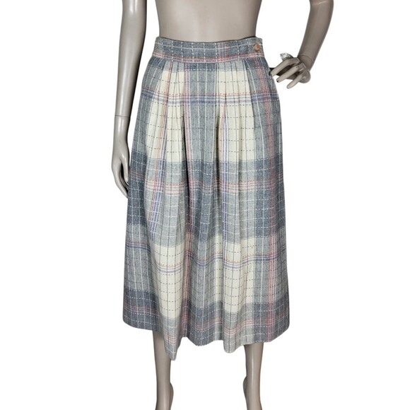 VTG 70s Wool Blend Grey Pink Plaid Tweed Midi Secretary Academia Librarian Skirt - Picture 1 of 8